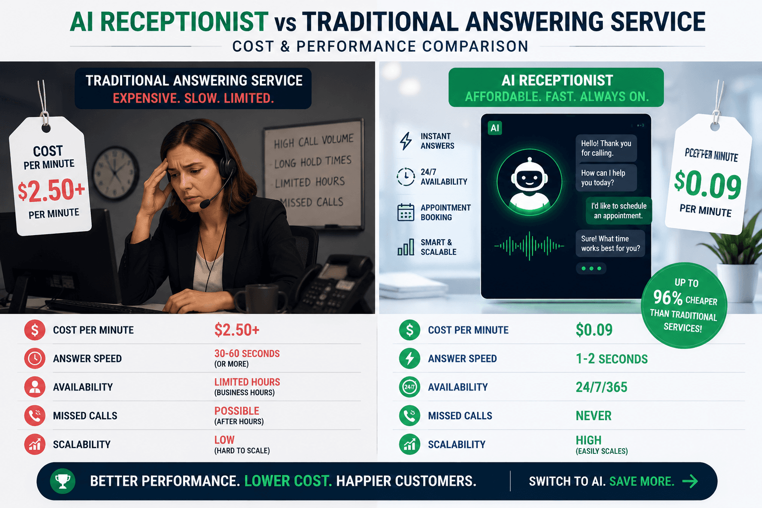 AI Receptionist vs Traditional Answering Service: 2026 Cost & Performance Comparison - Ringlyn AI voice agent blog